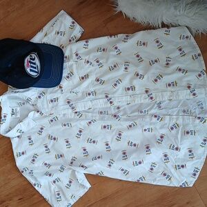 2017 OFFICIAL MILLER LITE BEER CAN SHORT SLEEVE BUTTON SHIRT Men's med with hat